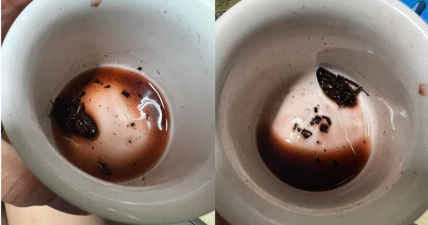 一名網友傻眼買了2瓶紅酒，一瓶有完整蟑螂，另一瓶也有蟑螂蛋。（翻攝爆廢公社公開版）