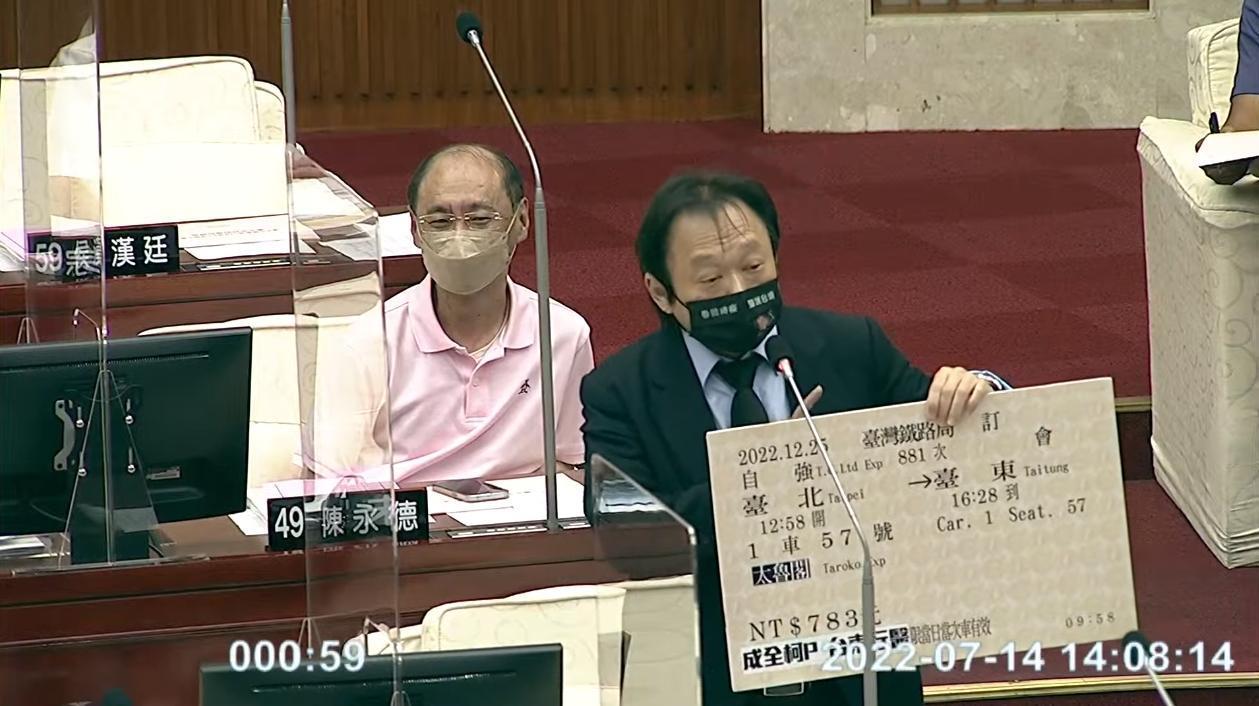王世堅送柯文哲前往台東的車票，還說車票上藏有數字密碼。（翻攝自台北市議會直播）