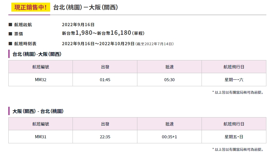 樂桃航空宣布台北到大阪航線重啟運營,票價和航班資訊也公開。(翻攝自樂桃航空官網)