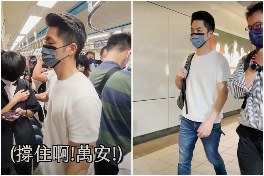 蔣萬安因司機確診告假，今天改搭捷運通勤，在車廂內忍不住「度估」。（翻攝自蔣萬安YT頻道）