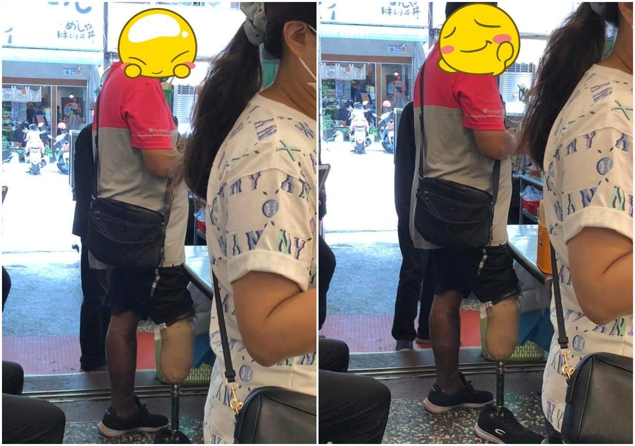 有位外送員少了一條腿，不過他仍靠著義肢支撐努力工作，讓不少網友都被感動。（翻攝自爆廢公社）