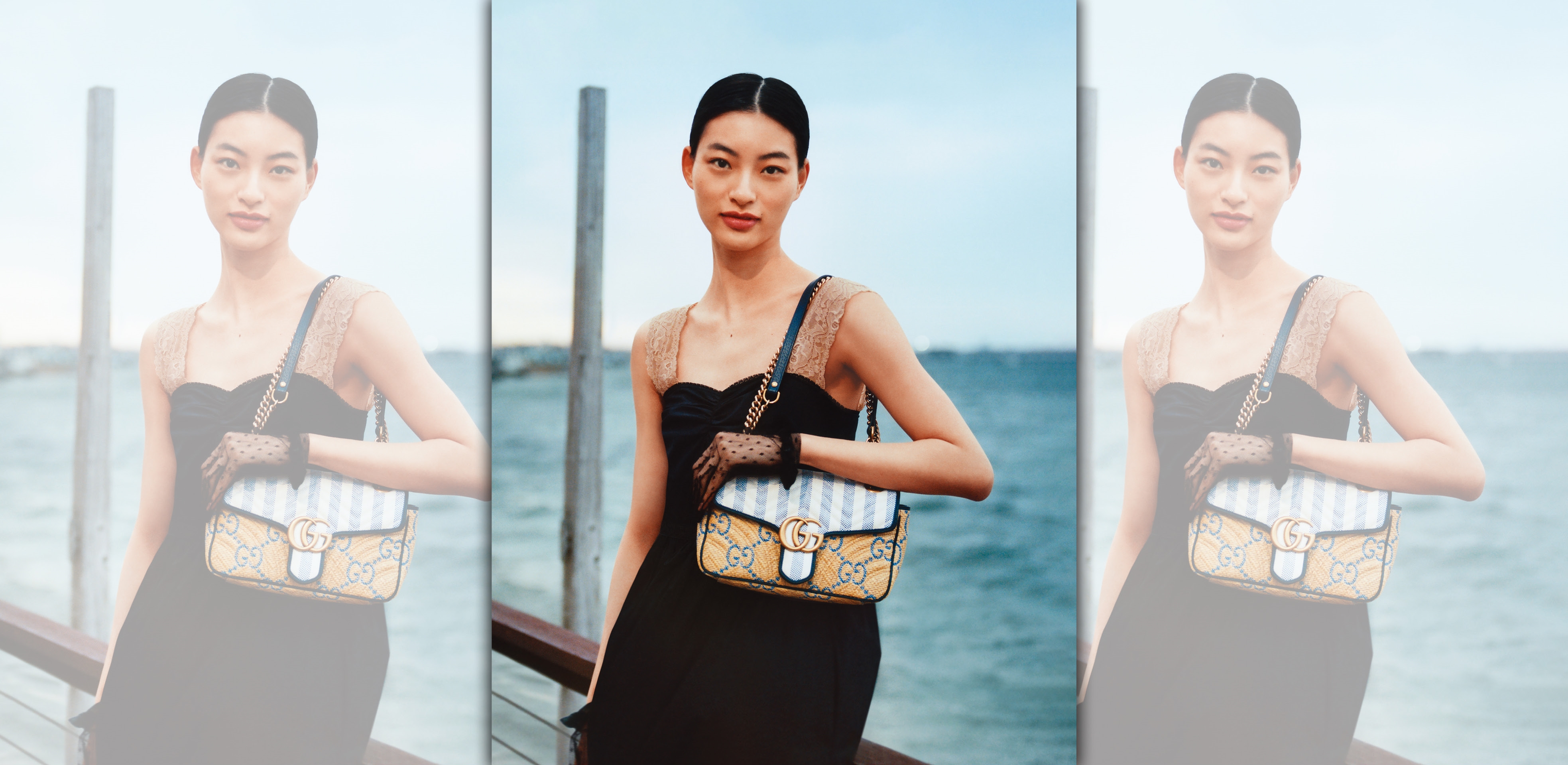 GG Marmont 藍白條紋草編包 NT$74,900（GUCCI提供）。