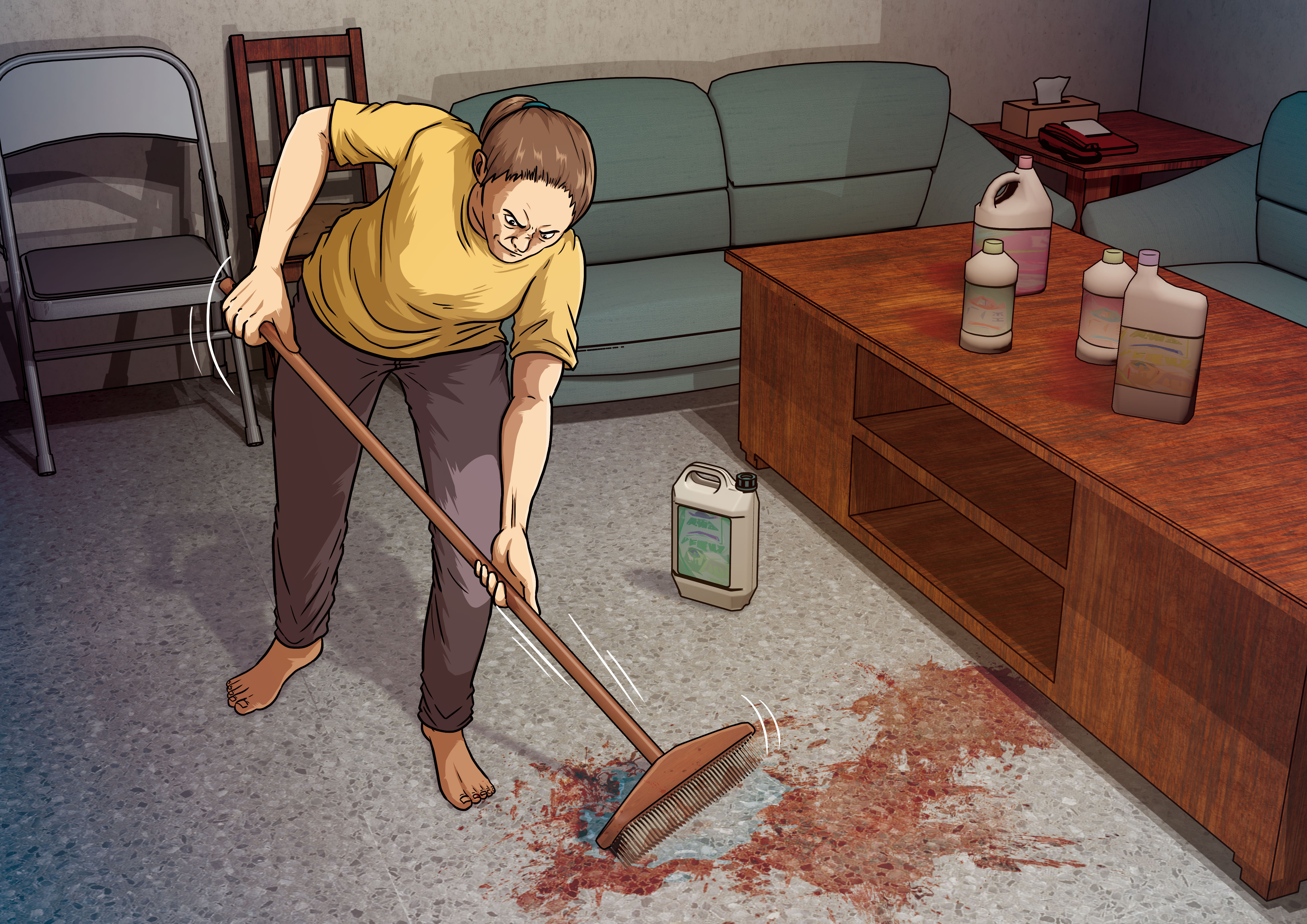 菲律賓籍逃逸移工愛彌亞行凶後清理血跡，避免被同住的男友大衛發現。