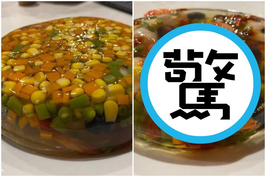 網友分享媽媽做的營養果凍，除了滿滿三色豆，還包含葡萄、草莓和蝦仁。（翻攝自Dcard）