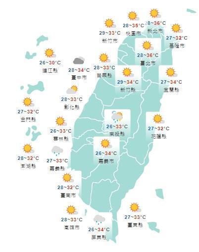 全台各地今日白天天氣一覽。(中央氣象局提供)