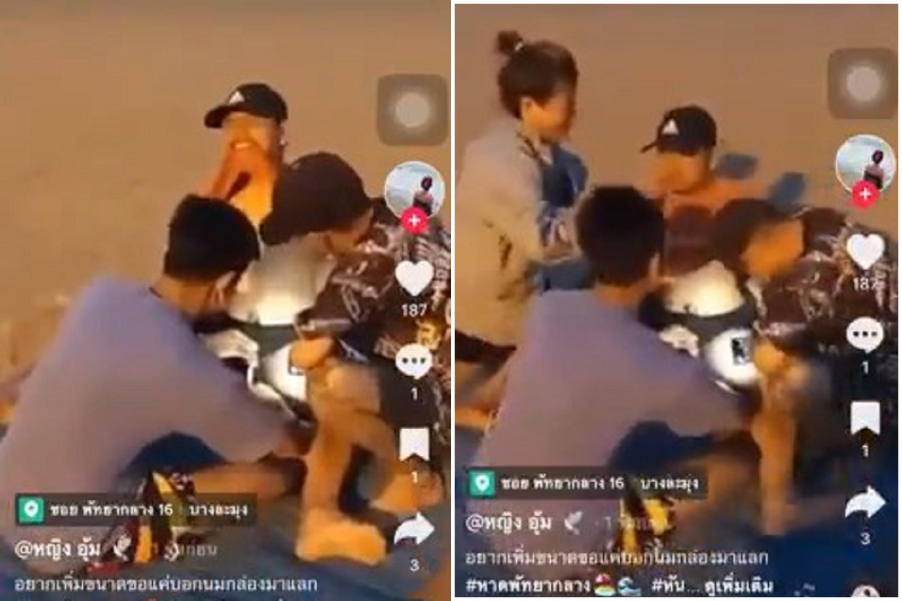 女笑看3男海邊操練「九陽真精」！詭異影片被瘋傳，網驚「香蕉」會爛掉。（翻自แม่ทัพลิง 3/1臉書）