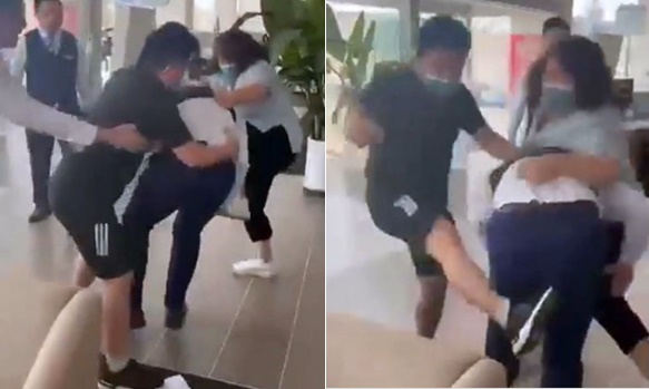 中國天津市一名凱迪拉克車商業務被爆和客戶女兒上床，客戶得知後上前理論、痛毆。（翻攝影片）