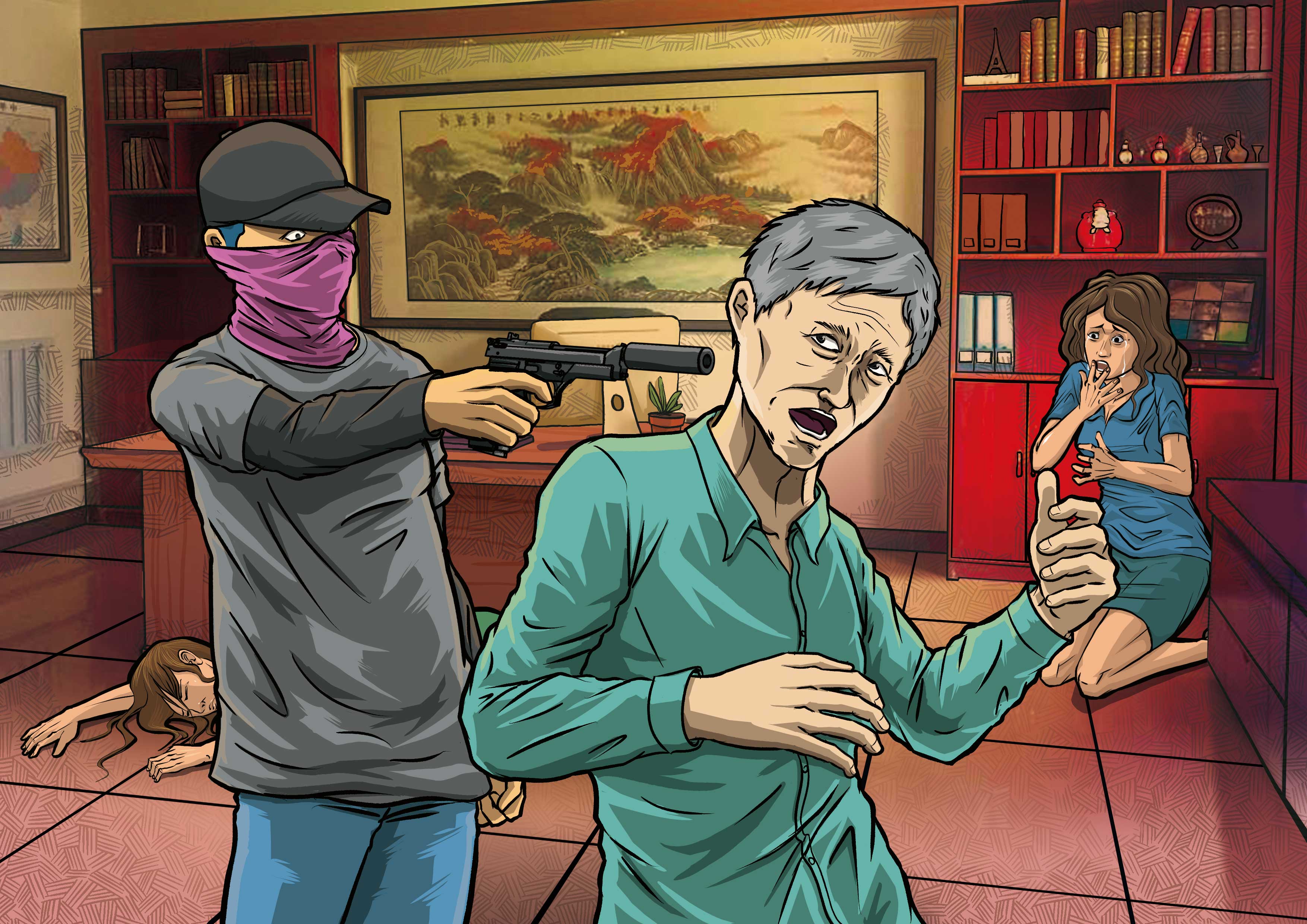 李鴻淵（左）闖入康建公司辦公室，對負責人賴敏男、賴的女兒及女主管開槍。（示意畫面）