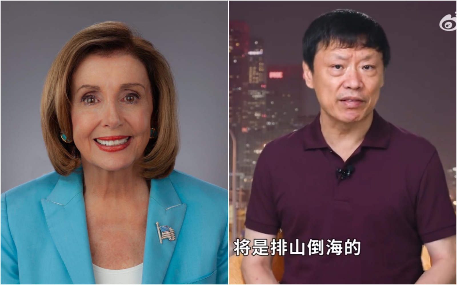 美國眾議院議長裴洛西（左）傳出在8月訪問台灣，中共官媒前總編胡錫進（右）表態抗議。（翻攝自裴洛西臉書／胡錫進微博）