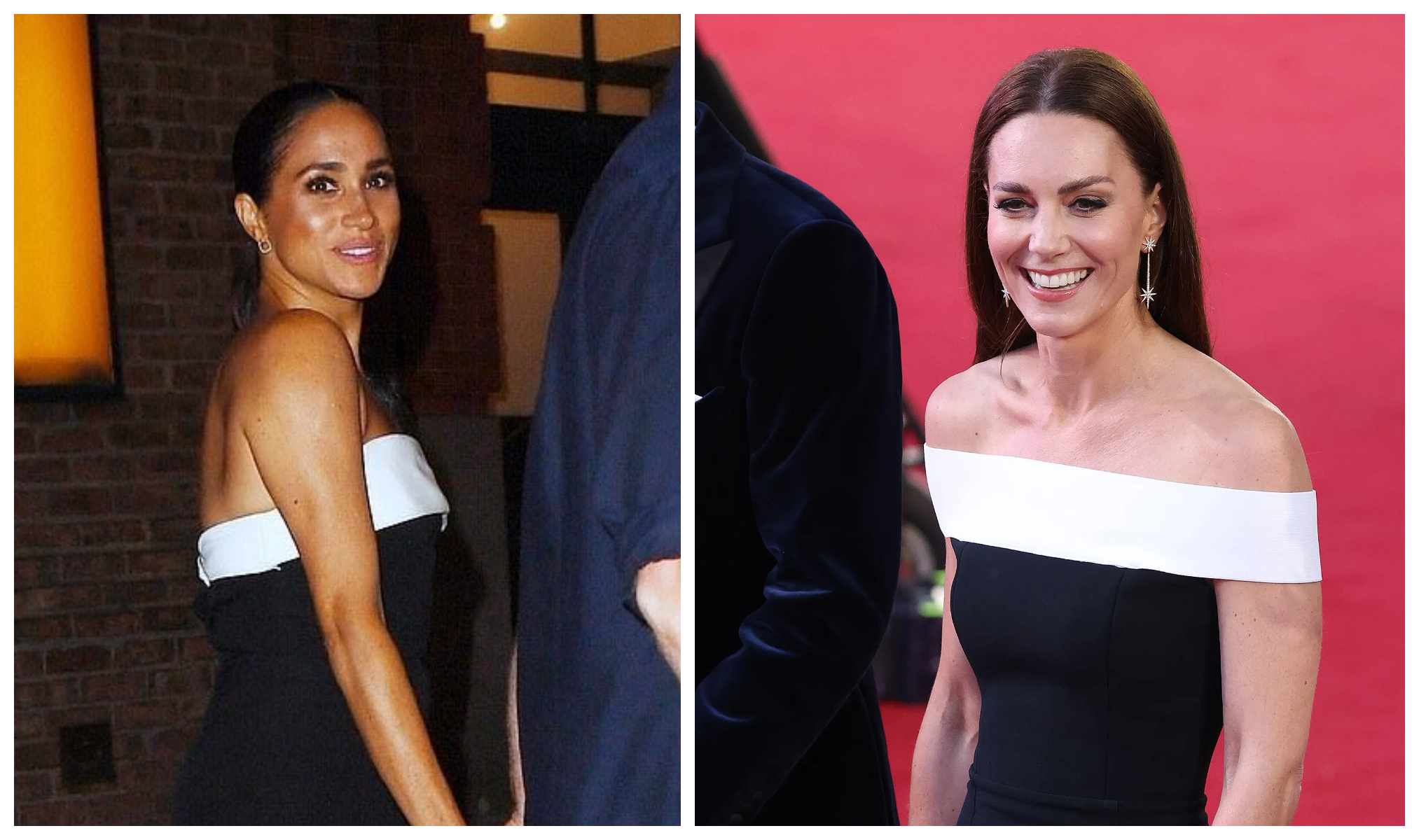梅根（左圖）穿著連身衣與凱特王妃（右圖）2個月前穿的禮服造型幾乎一模一樣。（翻攝@NolaMarianna推特／@storiesbyjemay推特）