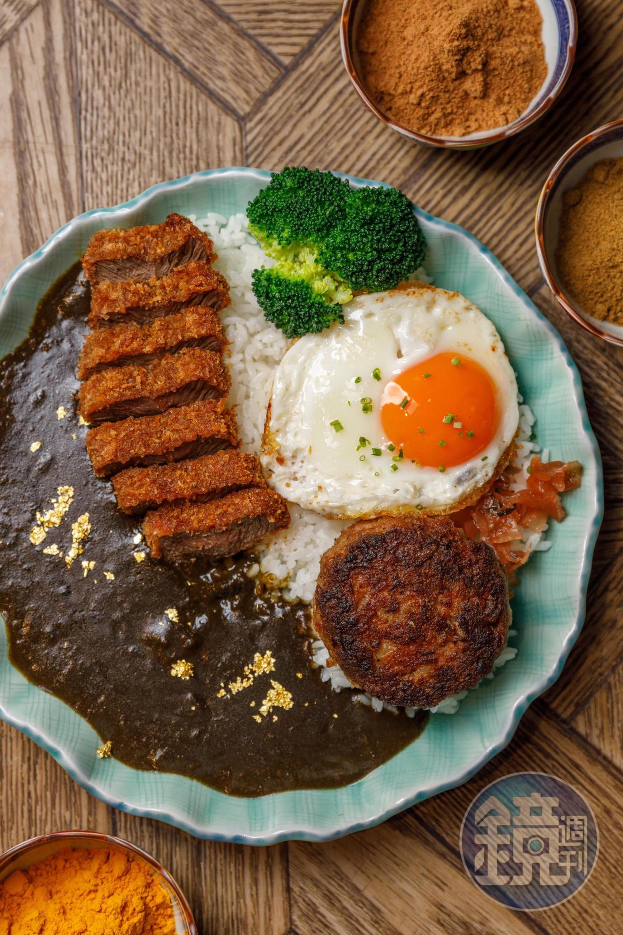 浪漫限定料理「黑・巧克力咖哩」以沖繩黑糖、80％以上巧克力熬煮，帶有深邃厚度，炸牛排＋A5和牛漢堡排的組合，大呼過癮。（980元／份，現無提供，可包場客製）
