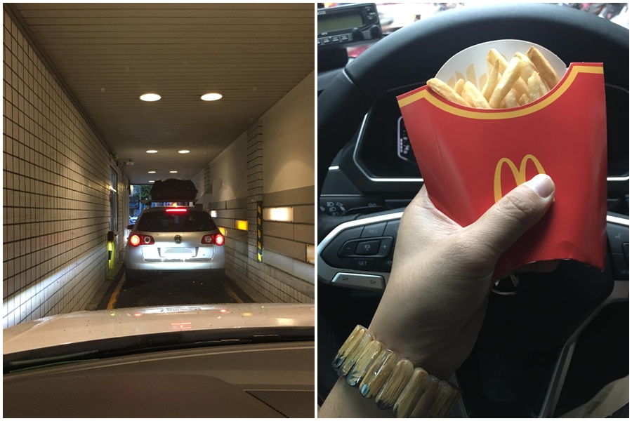 網友分享到一家得來速購買餐點，超窄的通道讓他直呼「買個薯條比考駕照還難」。（翻攝自爆廢公社公開版）