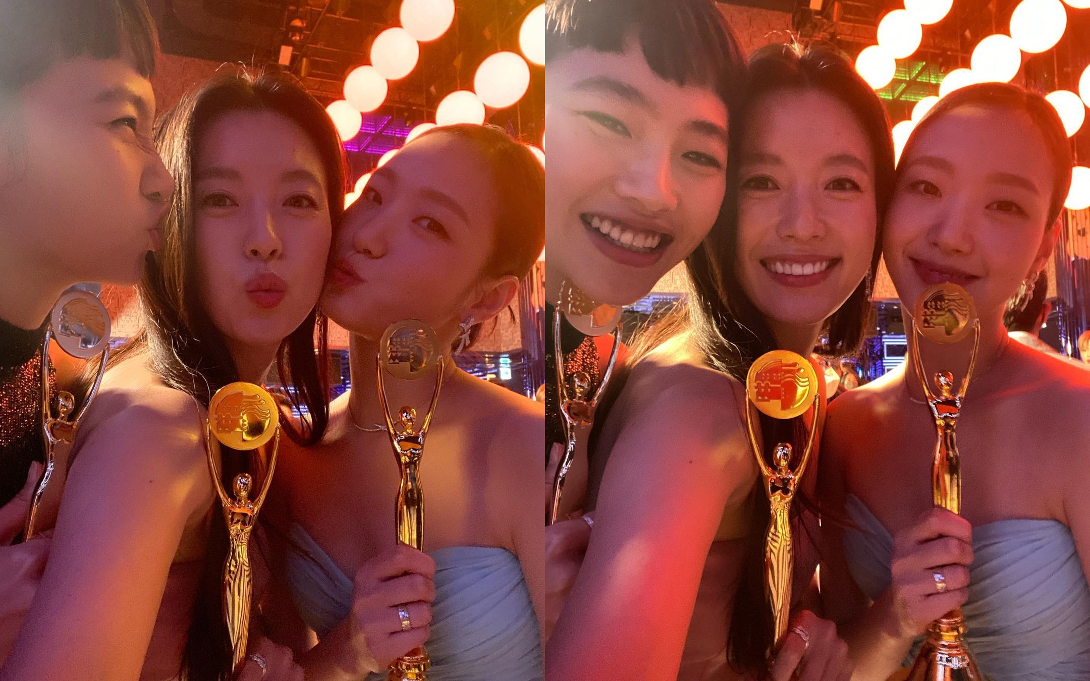 韓孝周（照片中位者）傳出新冠肺炎確診，她兩天前在頒獎典禮上與金高銀（右）和鄭好娟貼臉自拍。（翻攝韓孝周IG）