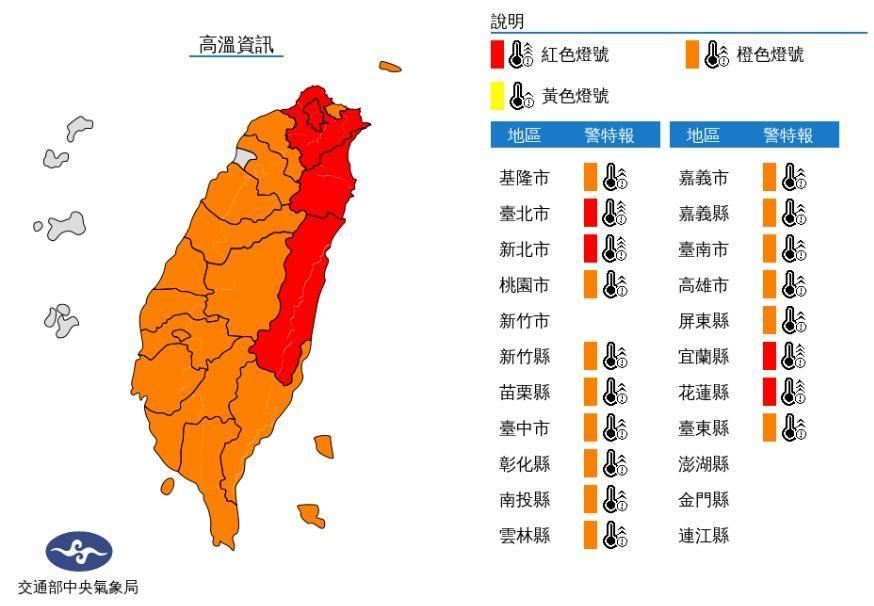 氣象局針對台北、宜蘭花東等地發布紅色燈號的高溫警報。(中央氣象局提供)