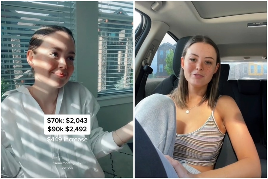 正妹拉森因為在Tiktok上分享自己加薪、換工作的經歷，引起新公司不滿，遭到解雇。（翻攝自itslexilarson Tiktok）