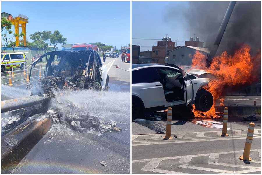 桃園今發生一起特斯拉自撞事件，驚傳是藝人林志穎。（左圖消防局提供，右圖記者爆料網提供）