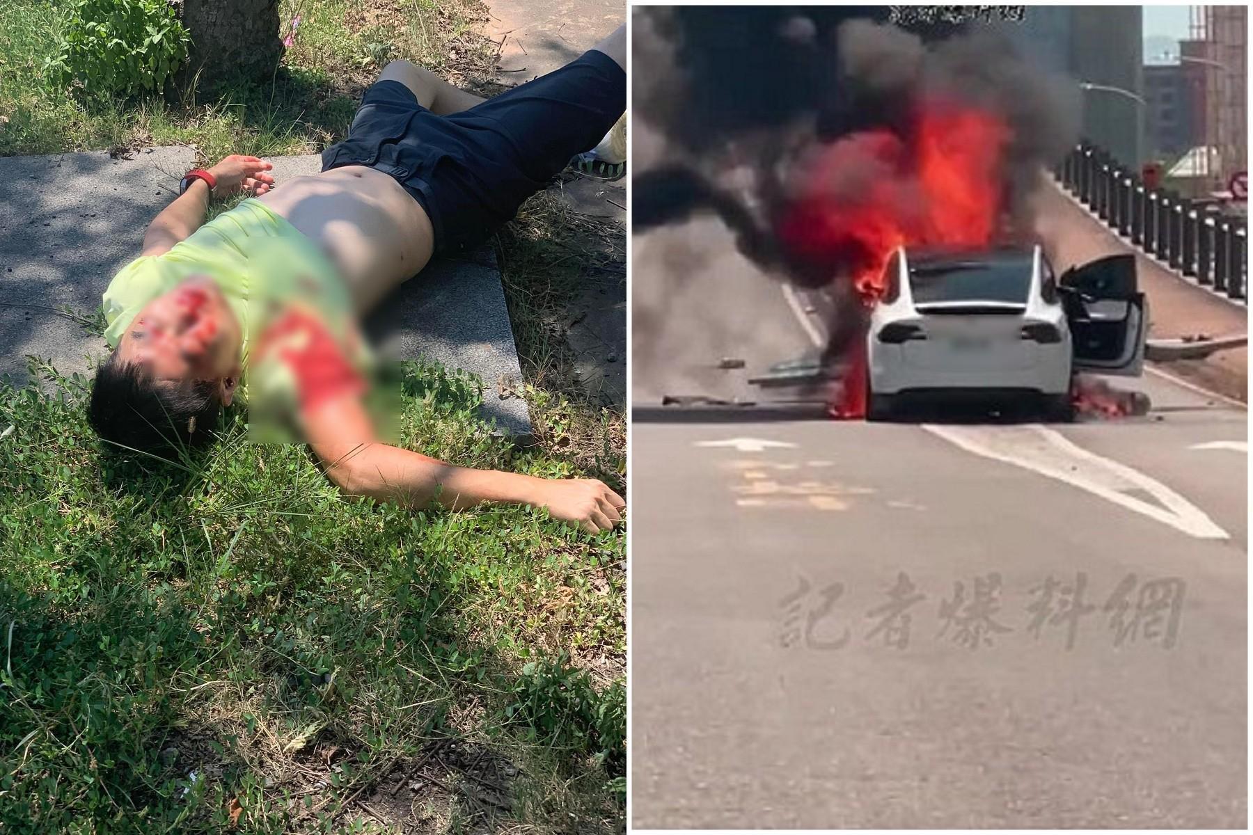 林志穎駕特斯拉自撞，恐怖燃燒影片曝光！滿臉血跡躺路邊待救援。（翻自記者爆料網臉書）