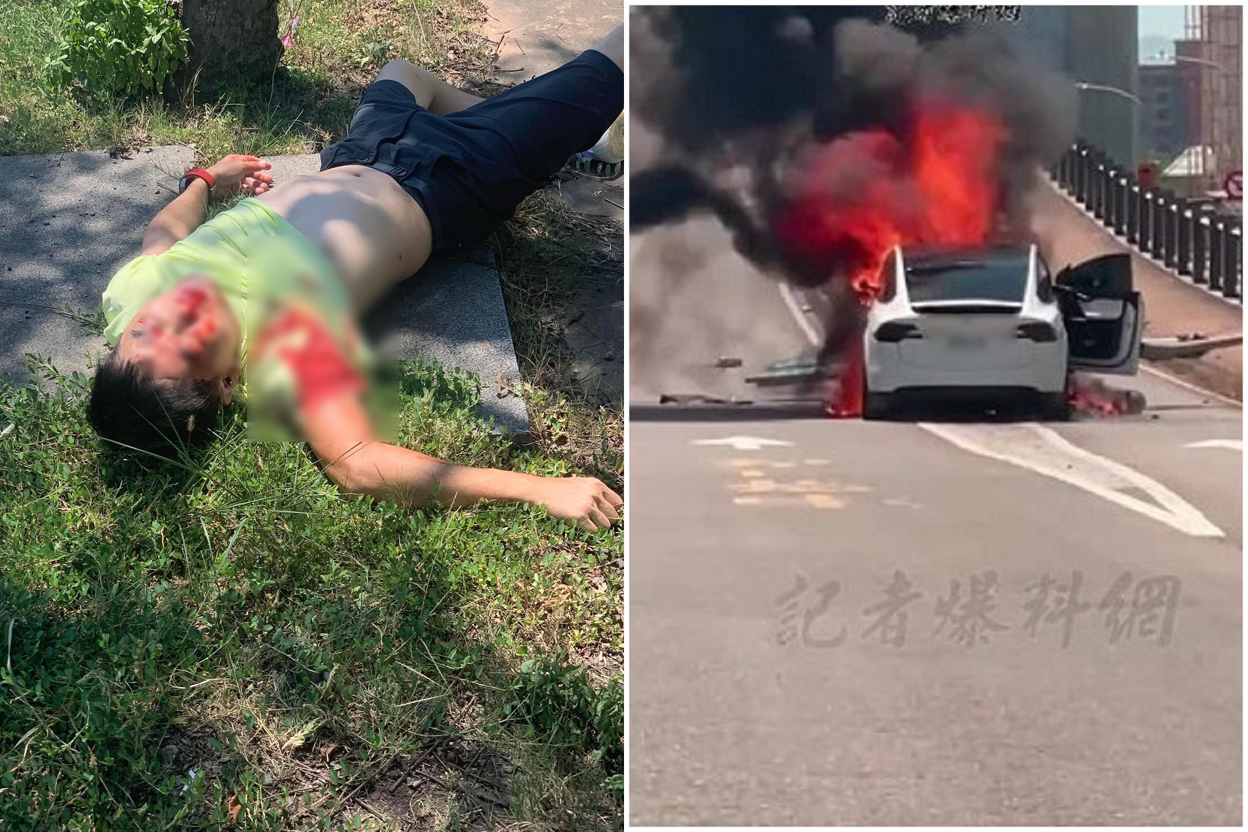 林志穎駕特斯拉自撞，恐怖燃燒影片曝光！滿臉血跡躺路邊待救援。（翻自記者爆料網臉書）