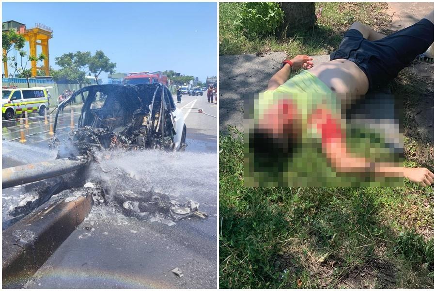 藝人林志穎今天上午發生車禍，父子倆皆被送往林口長庚。（左圖消防局提供，右圖記者爆料網提供）