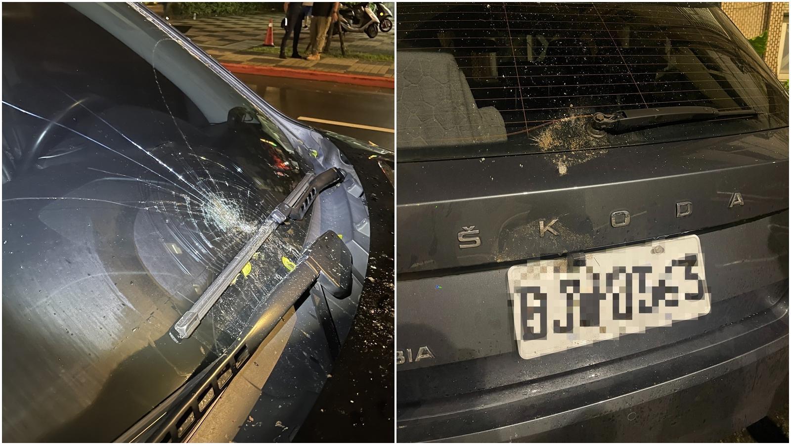 南港區多部車輛遭李男持石塊砸毀，被砸車輛擋風玻璃嚴重破損。（翻攝畫面）
