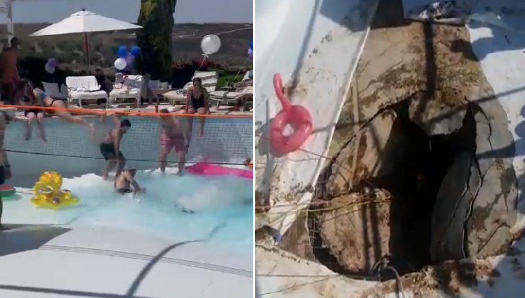 一名男子遭到泳池突出現的巨坑吞噬喪命。（翻攝Youtube）