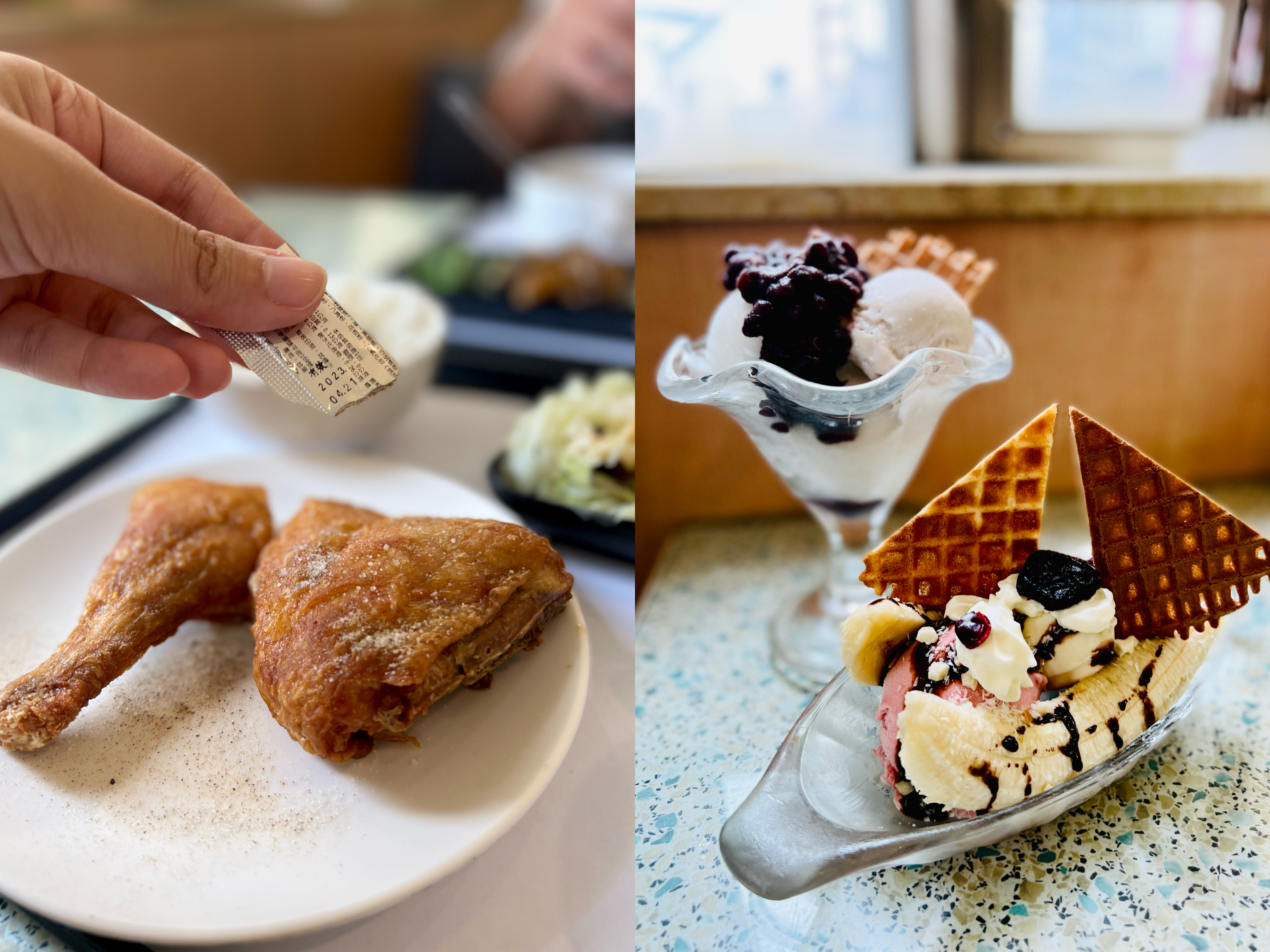 有40年歷史的台南「枝仔冰城」，點單率最高的是香酥大雞腿飯（左）。