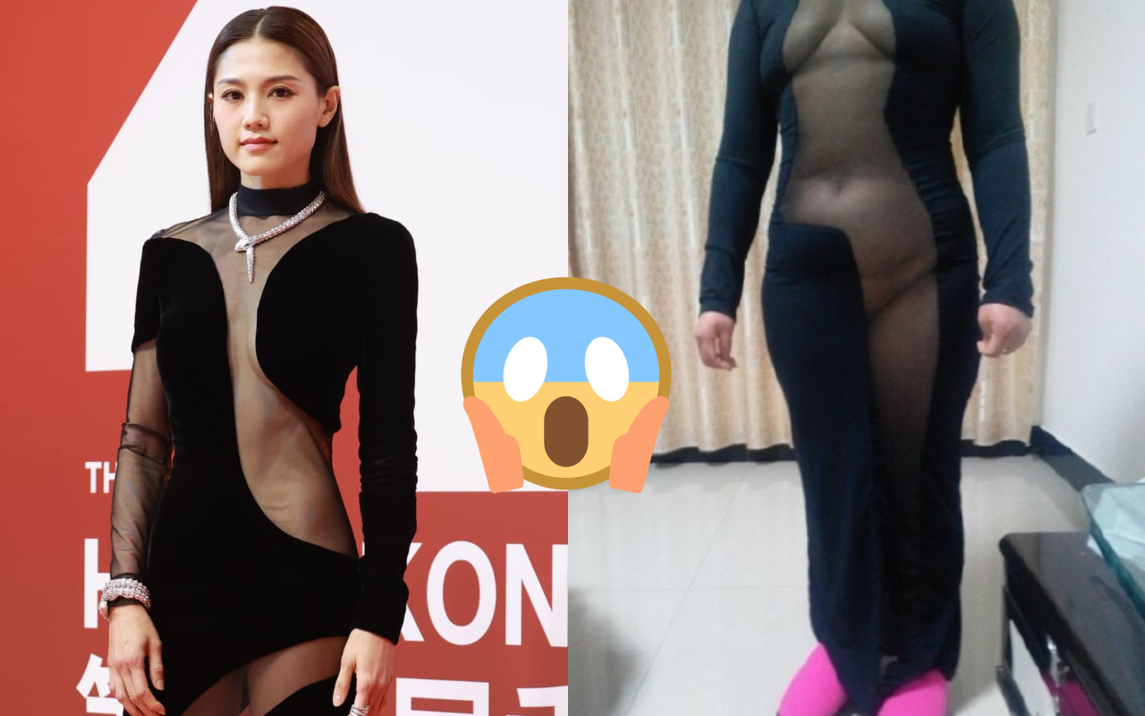 周秀娜(左圖)身著Tom Ford透視晚禮服,中國大媽(右圖)則穿淘寶款,傻傻分不清?(翻攝自新浪網、Happy張江微博)