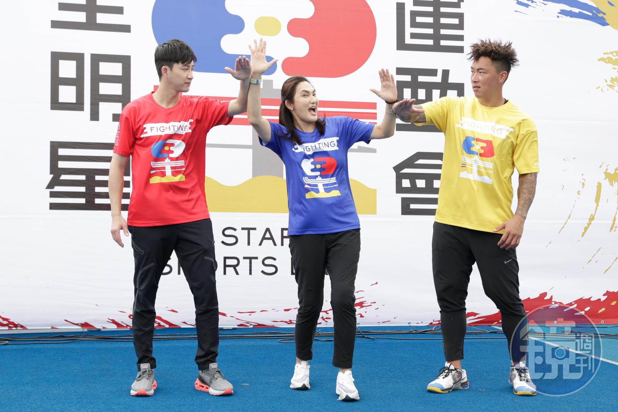 江宏傑（左）上週才與錢薇娟（中）、郭泓志（右）出席《全明星運動》第四季首映記者會。