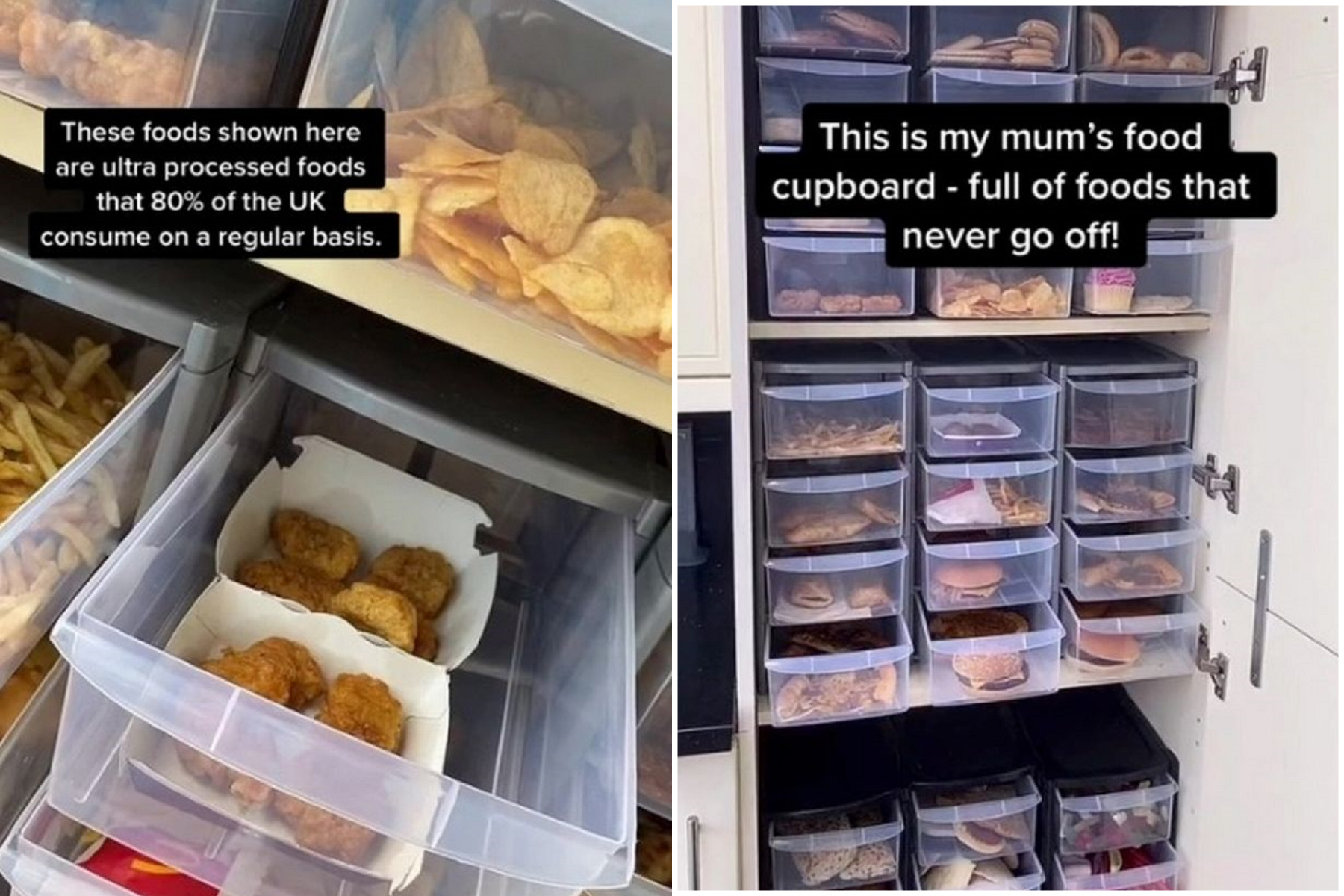 驚！麥當勞食物塞滿儲物櫃，漢堡薯條雞塊放2年依舊「美味」。（翻自TikTok）