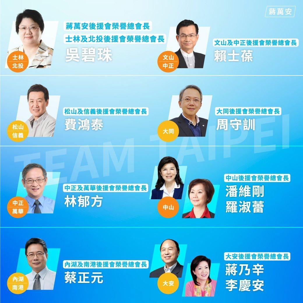 蔣萬安也公布台北12區後援會的榮譽會長名單,其中不少為許久未露面的前立委。(翻攝自蔣萬安臉書)