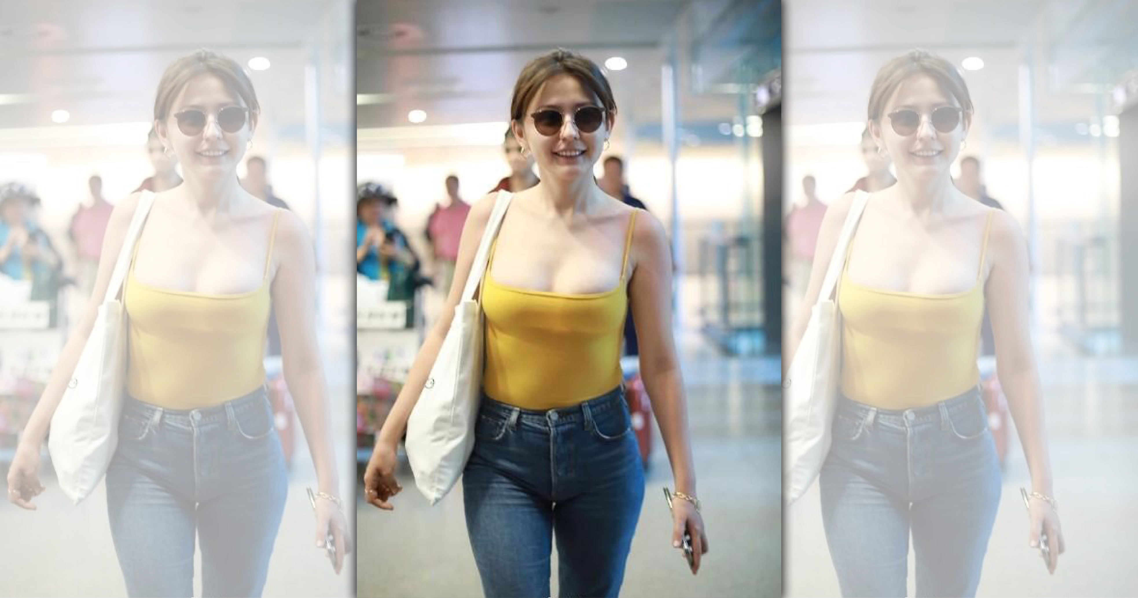 熱依扎的機場時尚，因胸前謎團登上熱搜。（翻攝自微博）