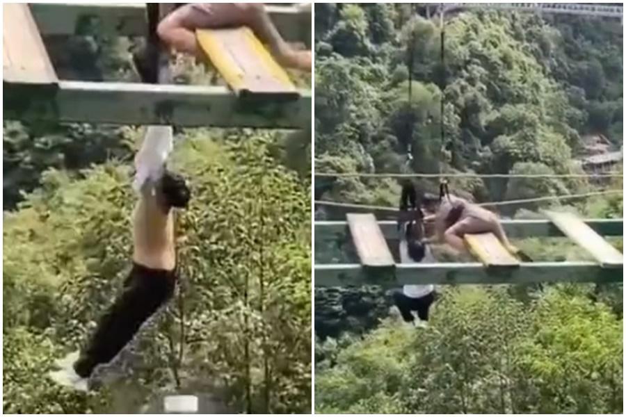 湖北一名潘姓男童從風景區的遊樂設施墜落,所幸無大礙。(翻攝自推特)