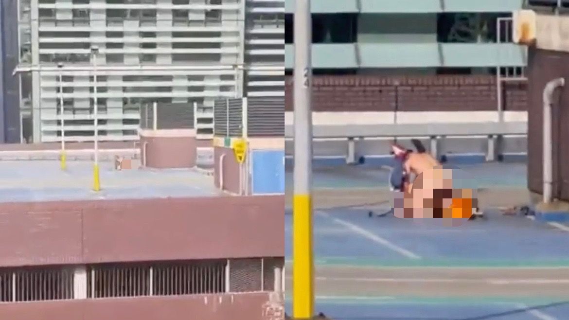 英國一對男女在停車場頂樓上打野戰，被附近辦公室裡的民眾目擊。（翻攝自推特）