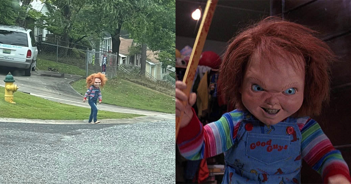 美國一名女子在街頭遇見活生生的鬼娃恰吉，嚇到差點心臟病發。（翻攝自Kendra Walden臉書、網路圖片）