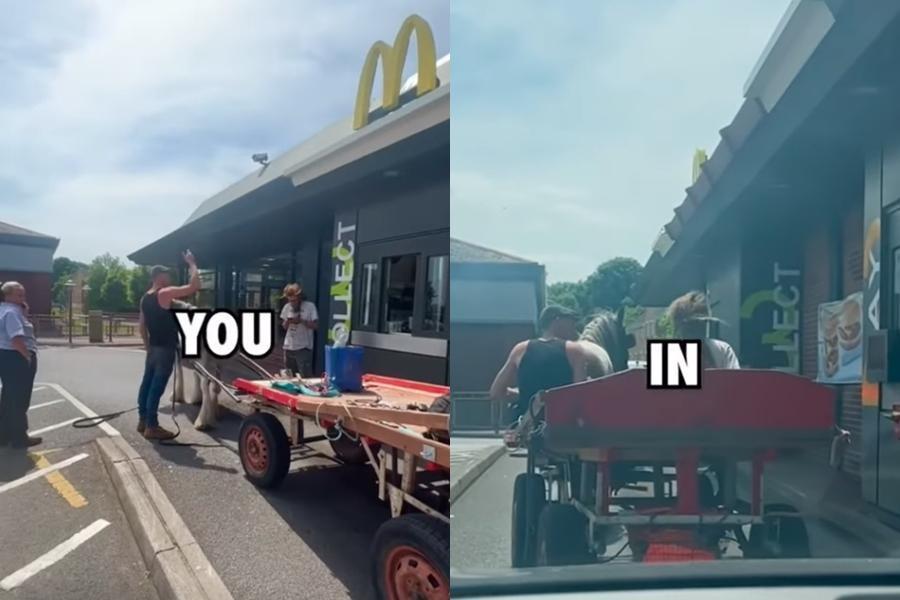 兩名男子上個月駕駛馬車前往位於英國的麥當勞得來速點餐，怎料卻被店員拒絕服務。（翻攝自Jake Sweet YouTube）