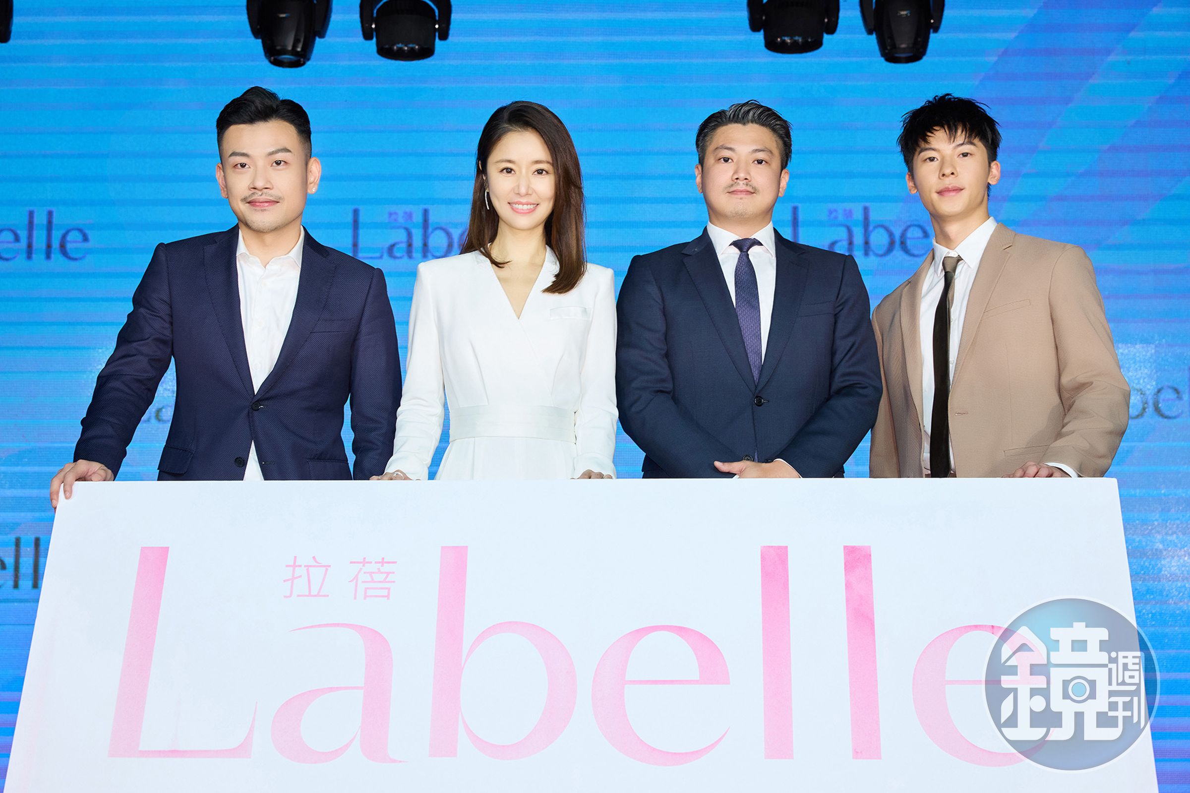 77老大、林心如和許光漢（右一）出席代言拉蓓健康飲品記者會。（拉蓓健康飲品提供）