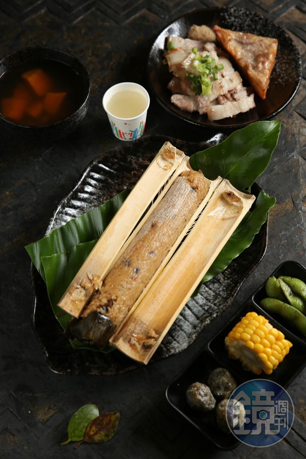 保留原民傳統製法的「大頭目套餐」，除了主、配 餐豐盛，還附贈一杯酸甜小米釀。（250元／份）