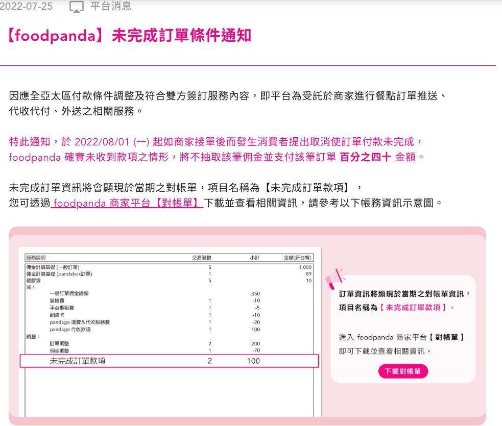 foodpanda新公告內容引發店家不滿。（翻攝自foodpanda官網）