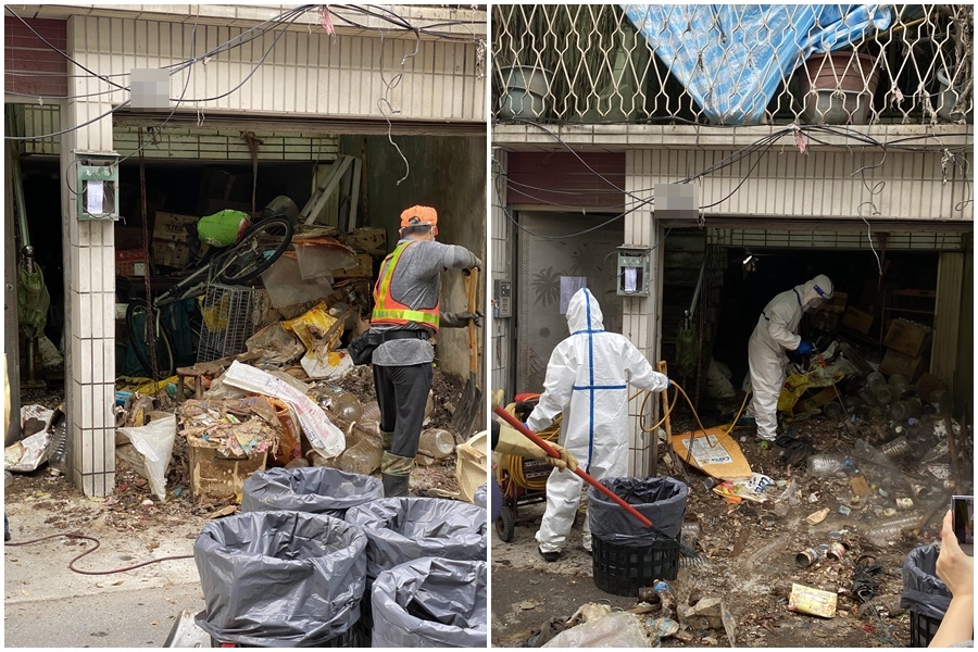 高雄市三民區克武路一棟4樓透天厝長期不打掃居家環境造成老鼠、蟑螂孳生，市府強行介入清理。（高市環保局提供）