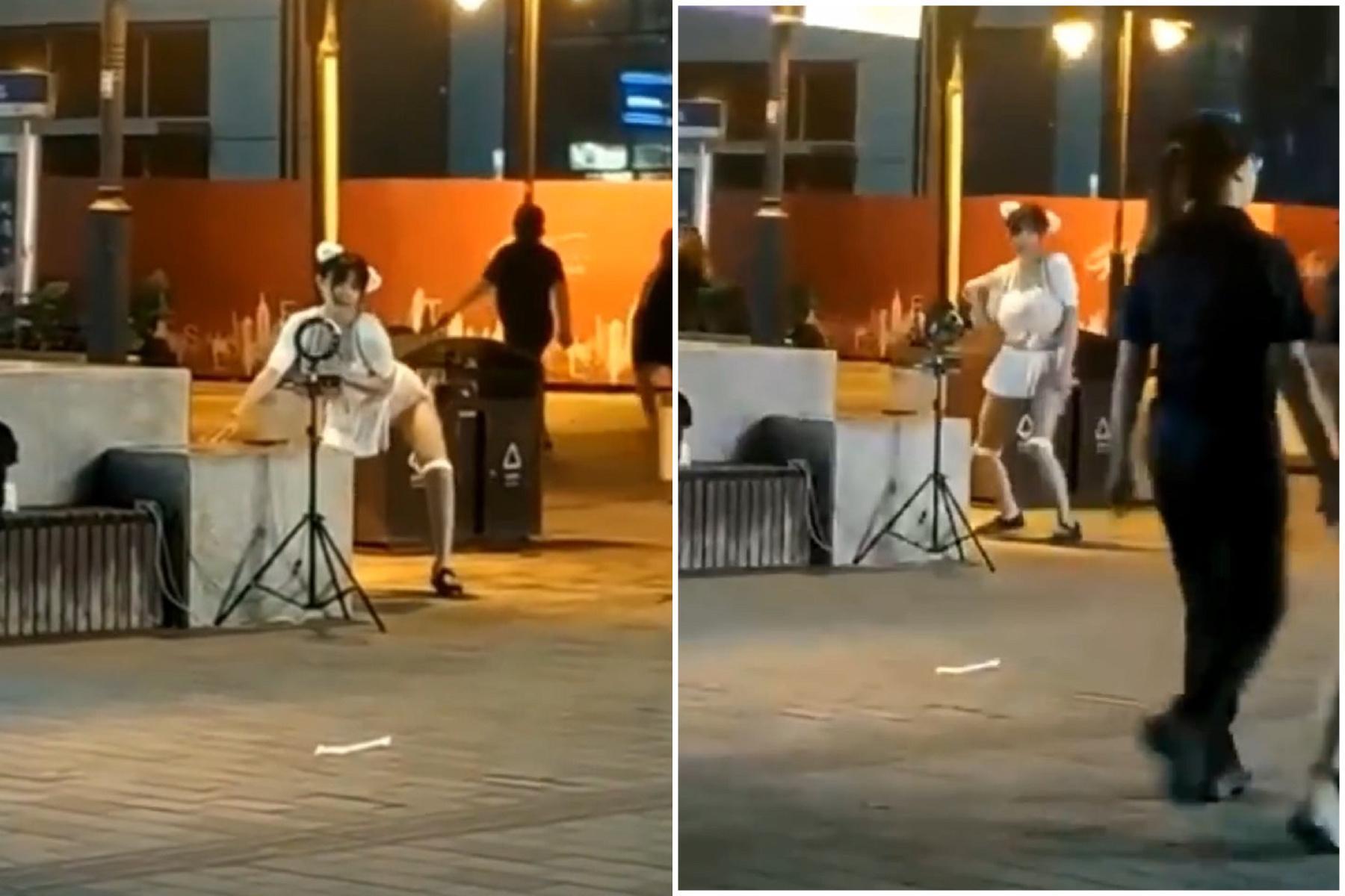 巨乳妹街頭自拍「色色發抖」!無畏人潮自嗨,網驚:如發情動物。(翻自微博)