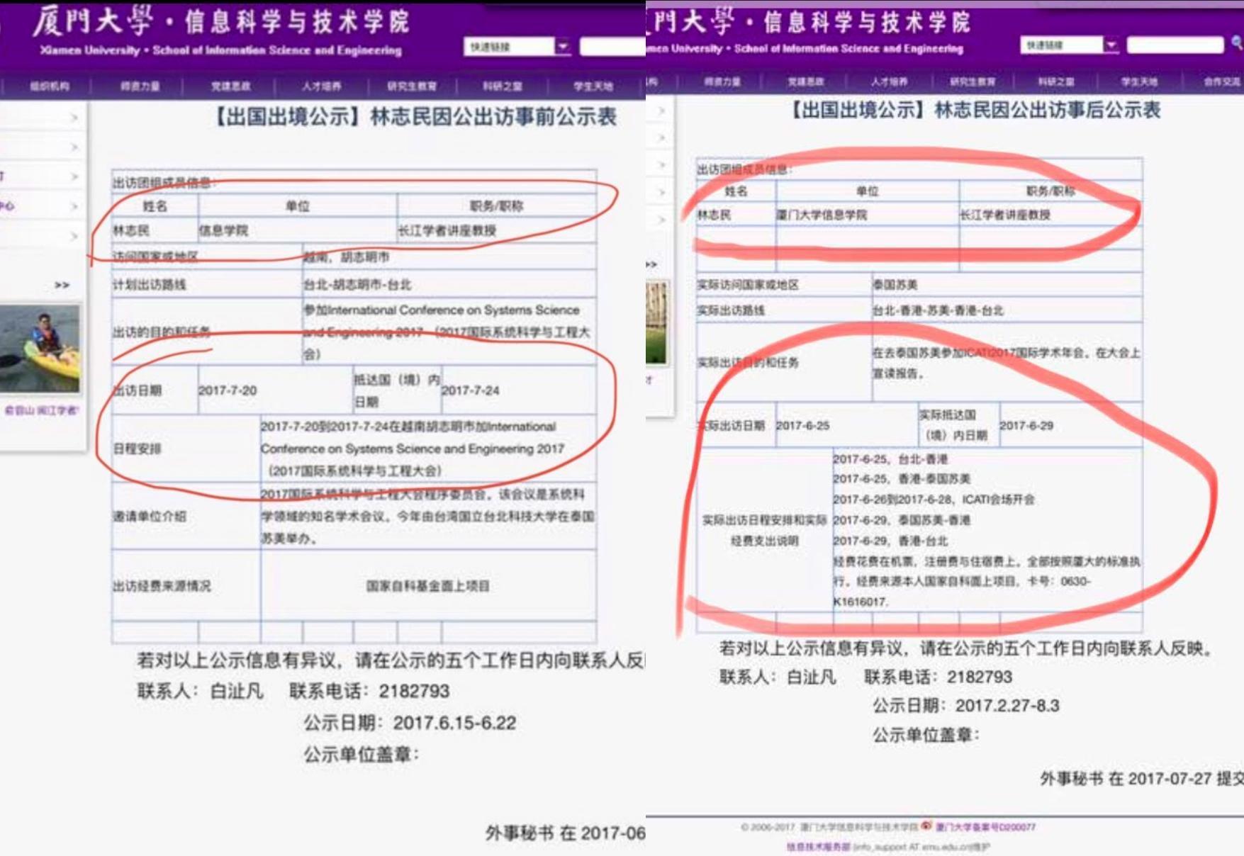 A教授曝光林志民以長江學者身份出國並申報差旅費。（翻攝廈門大學網站）