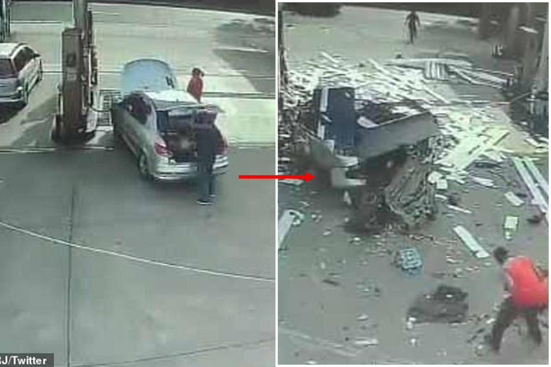 影片太恐怖！他加油開後車箱瞬間大爆炸，慘被炸飛摔地重傷。（翻自《每日郵報》）