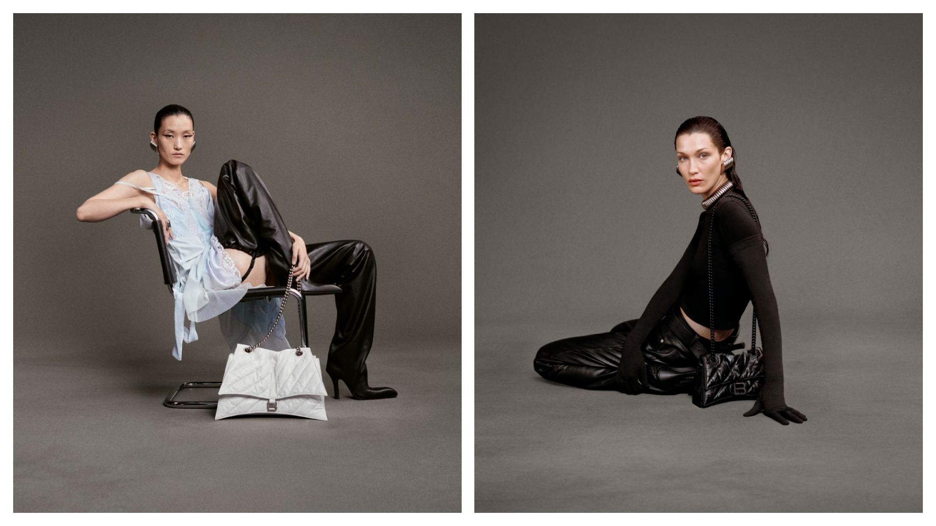 官方IG日前發布的秋季廣告大片中，Bella Hadid（右）與張麗娜（左）一同穿上新裝演繹這款提前上市的新包Crush。（Balenciaga提供）