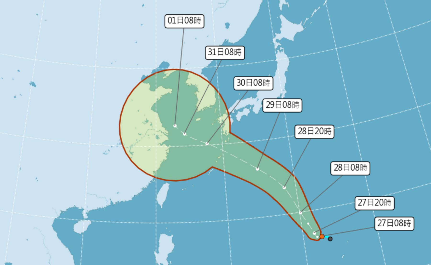 今年第5號颱風「桑達」，預計今明（27日、28日）兩天增強生成。（翻攝自氣象局）