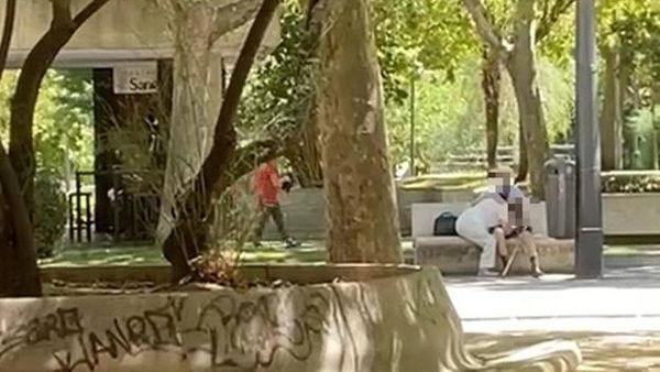一對年逾70的年邁夫妻,日正當中之際,坐在涼椅上忘情口交。(翻攝自臉書)