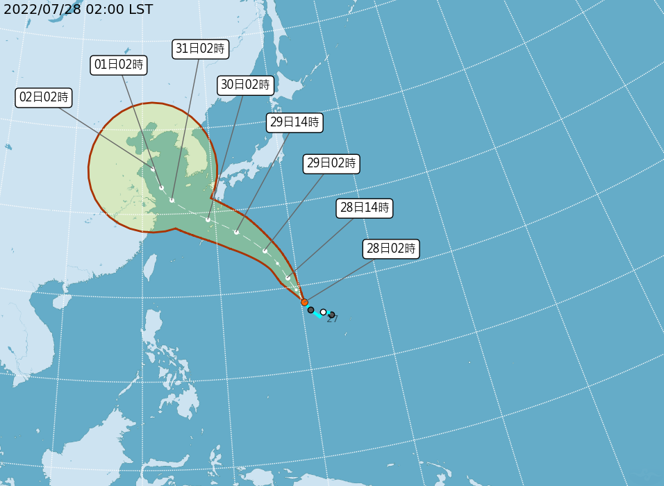 熱帶性低氣壓預計今日生成颱風。(中央氣象局提供)
