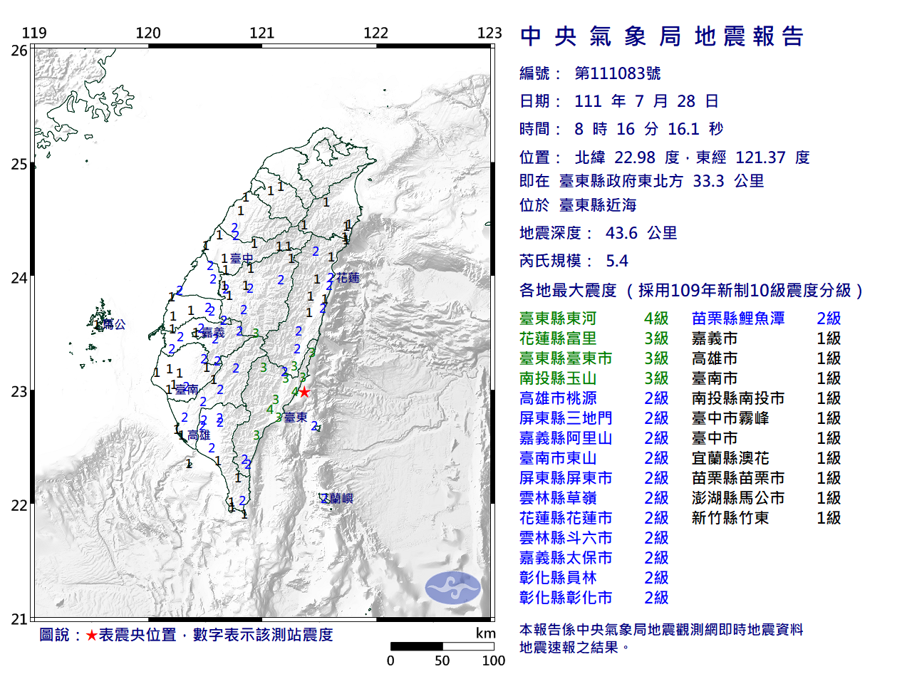 台東近海8時16分發生芮氏規模5.4、深度43.6公里的地震，台東縣最大震度4級。（中央氣象局提供）