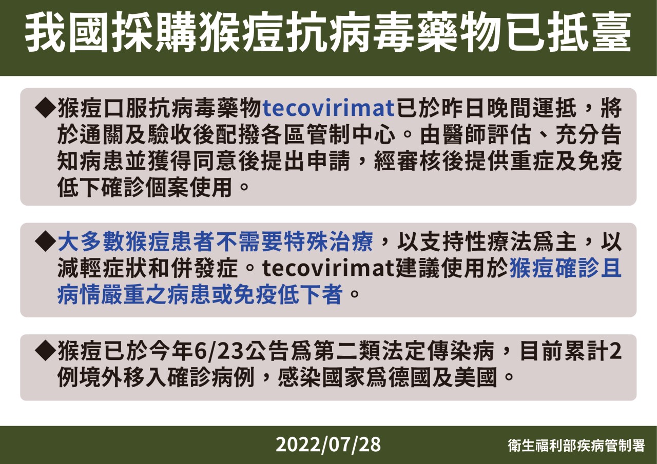 衛福部疾管署公布猴痘口服藥相關分配情況。(衛福部提供)