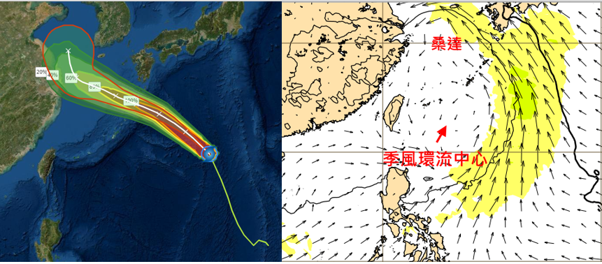 28日20時歐洲(ECMWF)模式,模擬29日20時850百帕等高線及風場圖顯示,「季風環流」的中心及西側結構較鬆散,東側的「西南季風」則較強。(翻攝自「三立準氣象· 老大洩天機」)