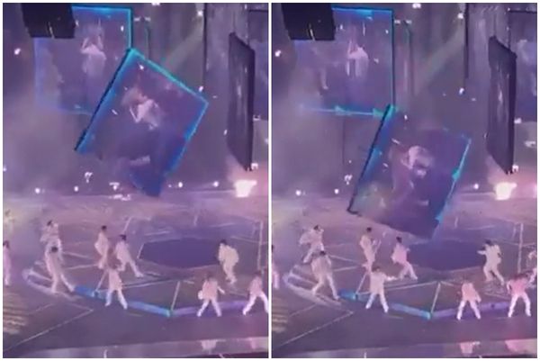 MIRROR演唱會發生螢幕掉落砸傷舞者的事故，畫面曝光可見歌迷尖叫聲四起。（翻攝自推特）